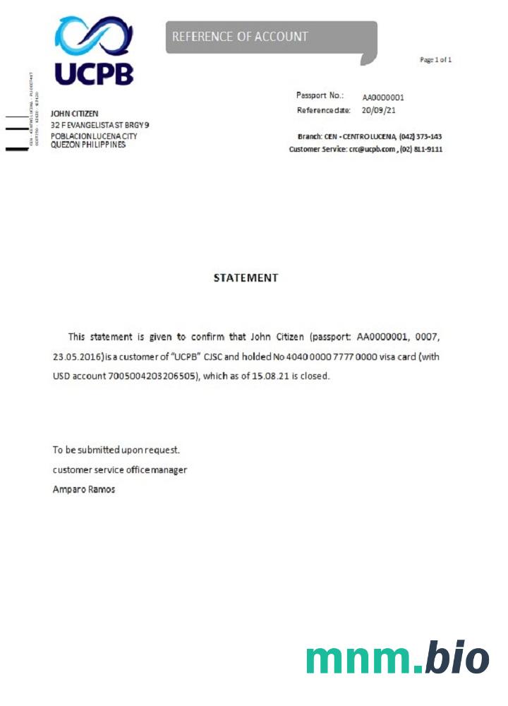 Przykład odniesienia zamknięcia Filipin UCPB w formatach Word i PDF